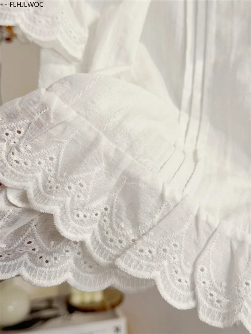 Cute Cotton Blends Tops Short New Design 2025 Woman Summer Short Sleeve Ruffles Casual Hollow Out White Lace Shirts