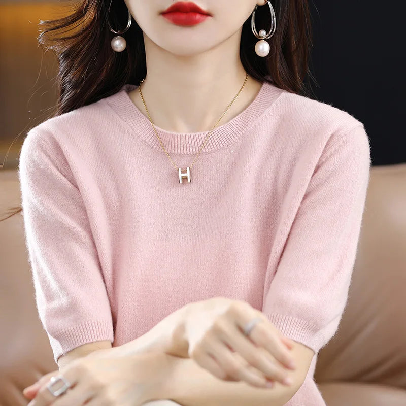 2025 New Spring Summer Women Sweater Short Sleeve O-Neck Pullover 100% Merino Wool Pure Color Knitted Jumper Female Clothing