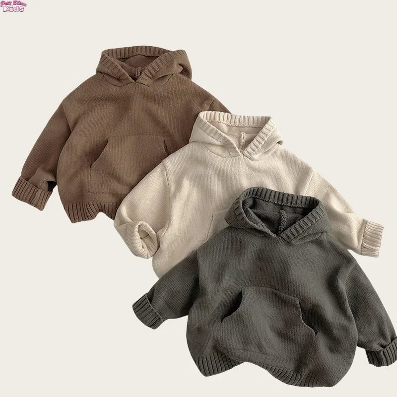 Spring Kids Hooded Knitted Sweater 1-6Y Girls Boys Cotton Solid Color Vintage Tops 2026 Children Pocket Pullover Outside Wear