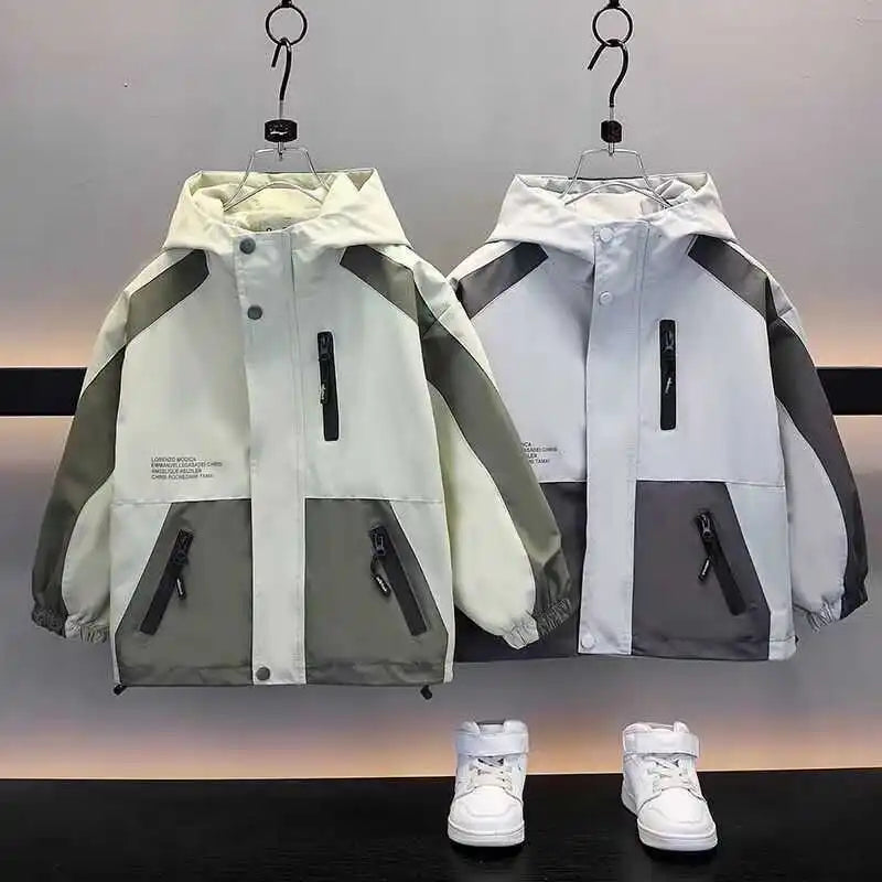 Children Clothing Color Blocking Jacket 2026 Spring Autumn Teen Boys Fashion Zipper Hooded Windbreaker Coat Kids Outewear Tops