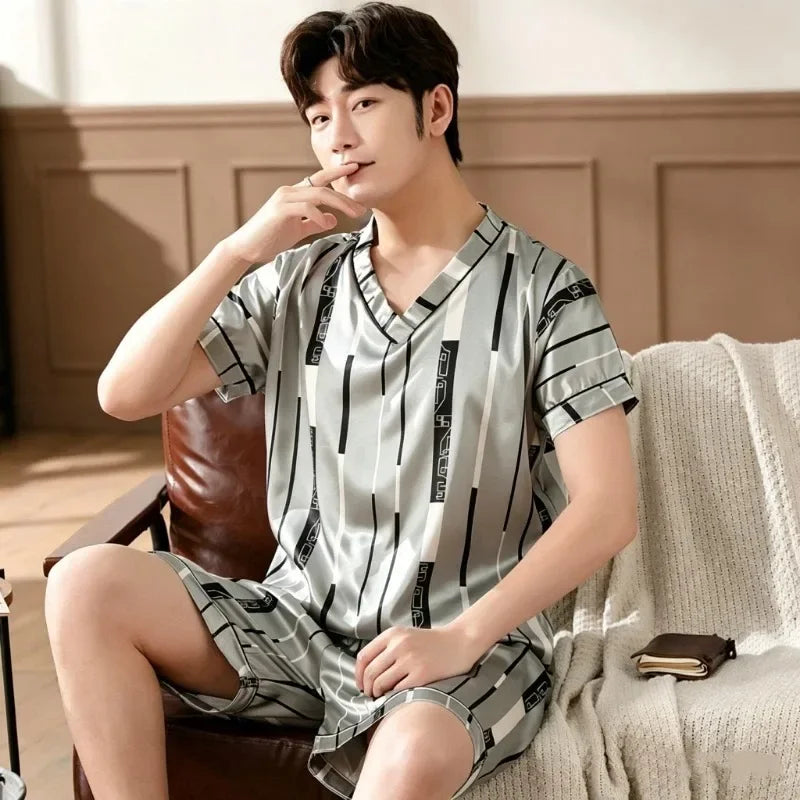 Plus Size Men's Pajamas Set Summer New Fashion Print Men's Sleepwear V-Neck Short Sleeve Shorts Homewear 2026 Casual Cool