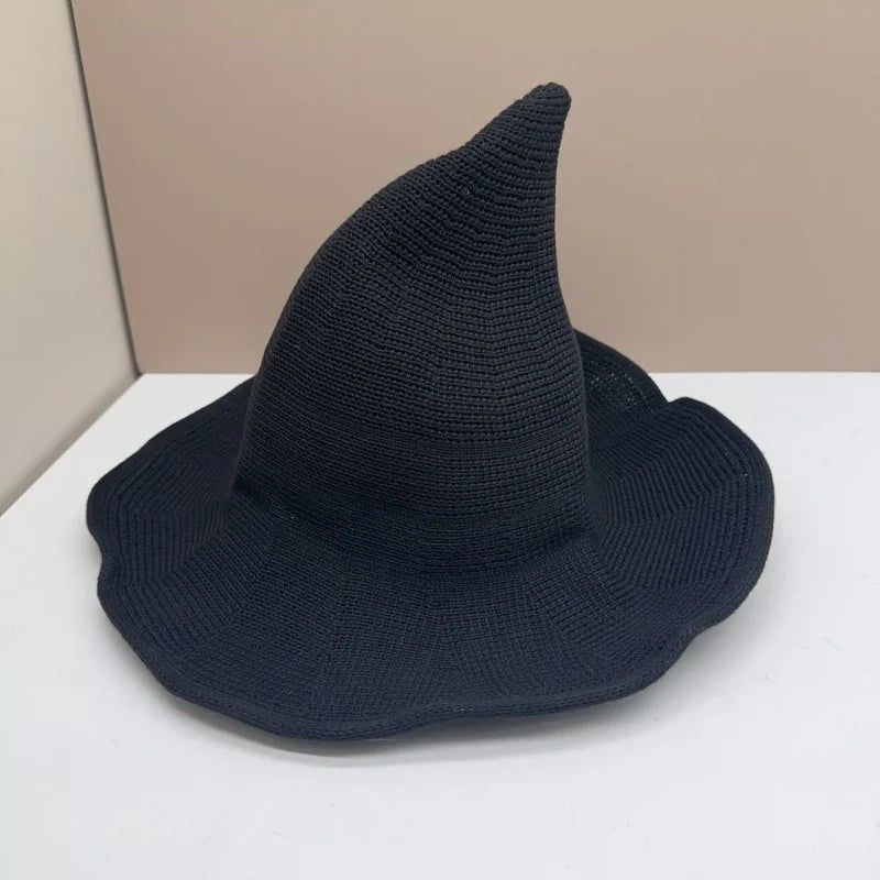 Women Witch Hat for Halloween Wool Hats Wide Brim Spire Knitted Cap Party and Daily