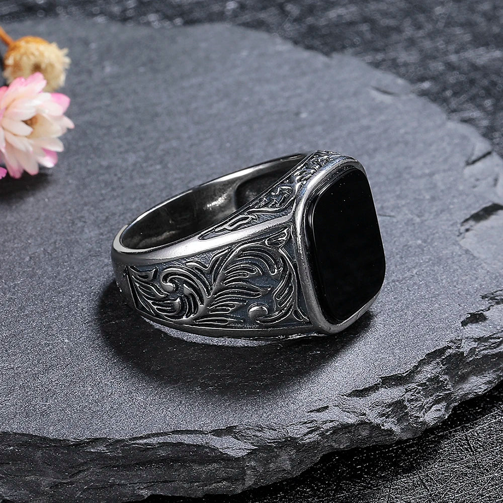 Men‘s Black Onyx Ring, 12x14mm Square Gem Carved Vintage Sterling Silver Band, Bold Gothic Statement Jewelry Gift for Him