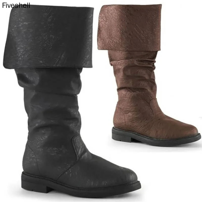 Medieval  Adult Men's leather Shoes Long Boots Flat Men's Boots Retro Platform Boots Men Boots
