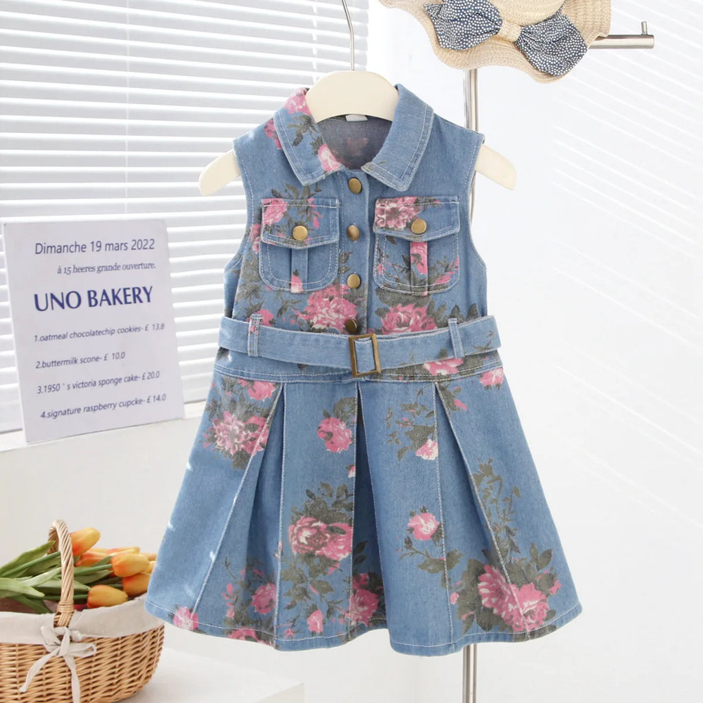 Kids Girls Floral Printed Denim Dress Summer Sleeveless Turn Down Collar Jean Vest Dress Fashionable Children Outfit