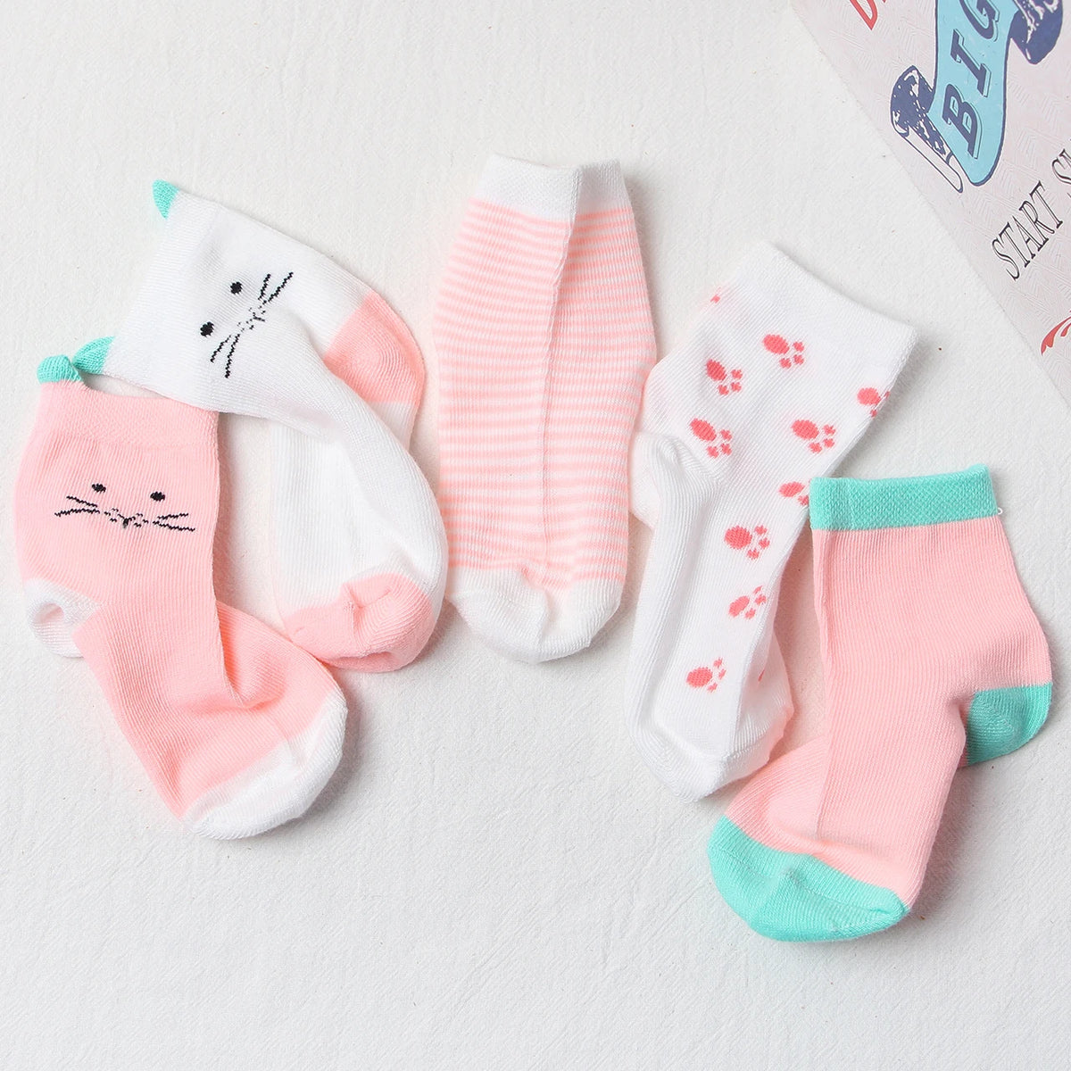 5Pair Cartoon Kids Socks Pink Cat Princess Girl Sock Cotton Keep Warm Winter Middle Tube Socks Baby Footwear Children Sokken Sox