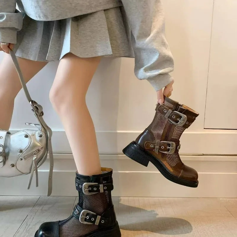 Women's Boots 2025 New Summer Cool Boots Breathable Hollow Out Mesh Boot Fashion Square Toe Side Zip Ankle Boots for Women Botas