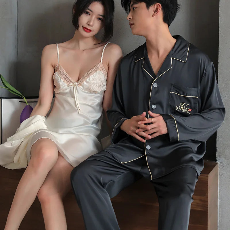 Couple Lounge Sleep Wear Ice Silk Pajamas Set Men Shirt Pants Women Lace Sling Nightdress With Robes Sleepwear