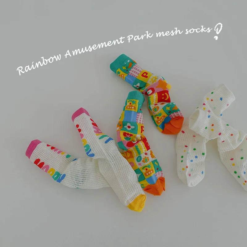 1-12Y Children Socks Summer Socks Kids Boys Girls Rainbow Color Cute Trendy Socks Ventilation 3 Pairs/bag