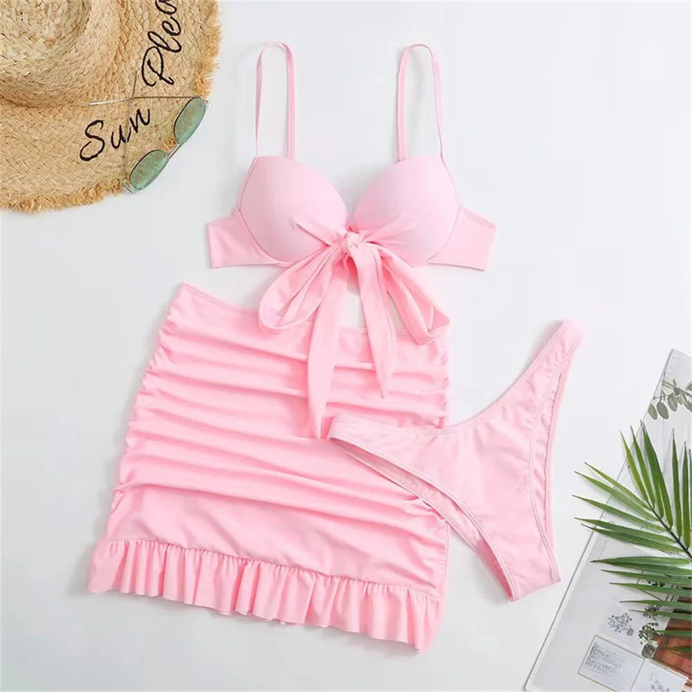 Cute Pink Ruched Swimwear Push Up Bandage Bikini Thong Pleated Swimsuit 3 Piece Women's Skirt Beach Outfits Bikinis Bathing Suit
