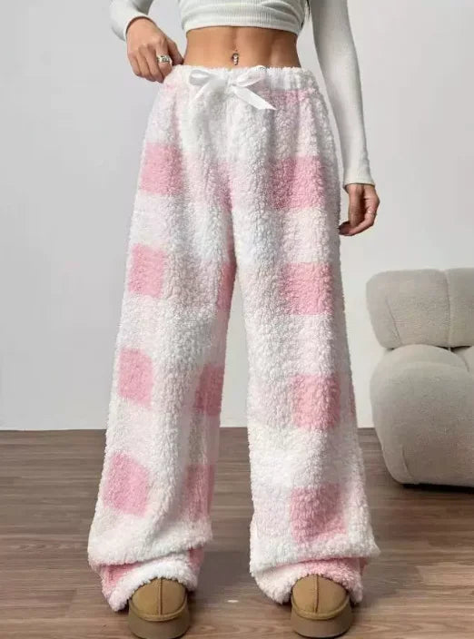 Women Casual Trousers Elastic Waistband Drawstring Tie Pajama Bottoms Leopard Print Wide Leg Lounge Pants