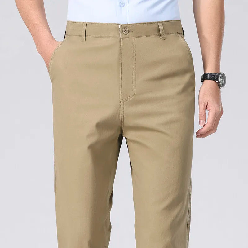 Spring Summer Cotton Suit Pants Men Solid Color Smart Casual Dress Trousers Man Lightweight Zipper Fly Straight Breathable Pants