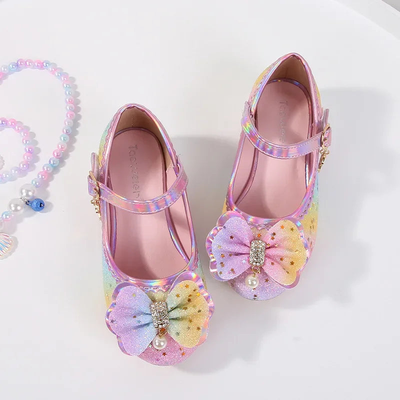 Chic Children High Heels New Wedding Party Girl Chic Princess Causal Shoes Fashion Rainbow Sequins Bowknot Kids Leather Shoes