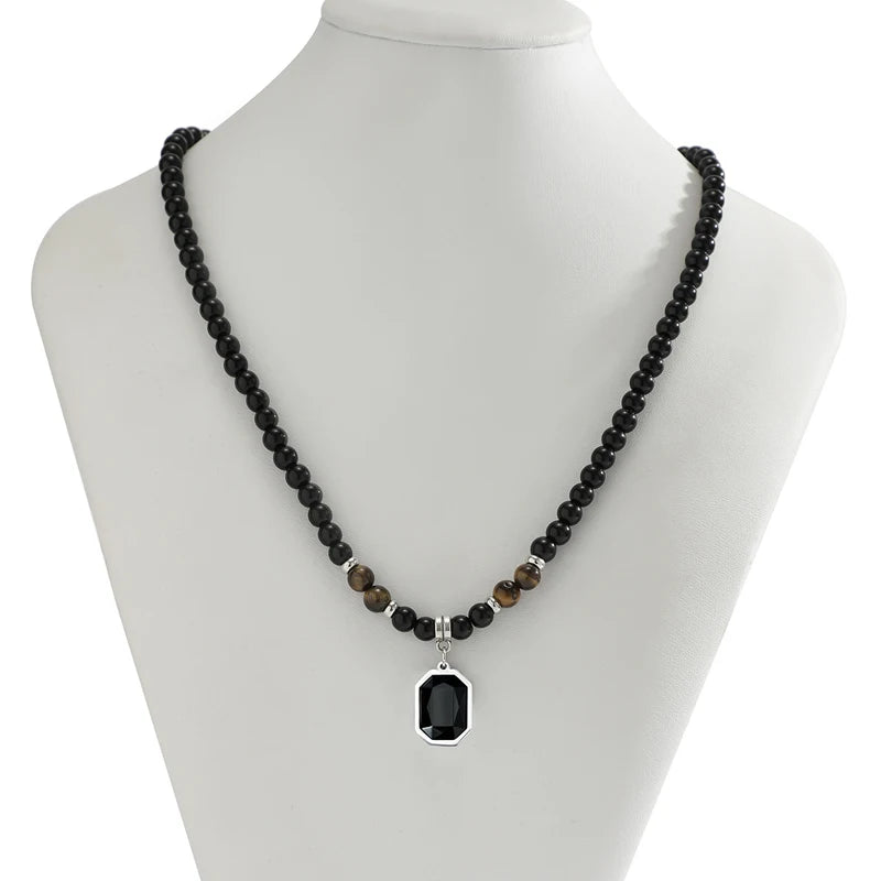 Black Beads with Square Pendant Necklace for Men Trendy Accessories on the Neck Collar 2025 Fashion Jewelry Male Gift Decoration