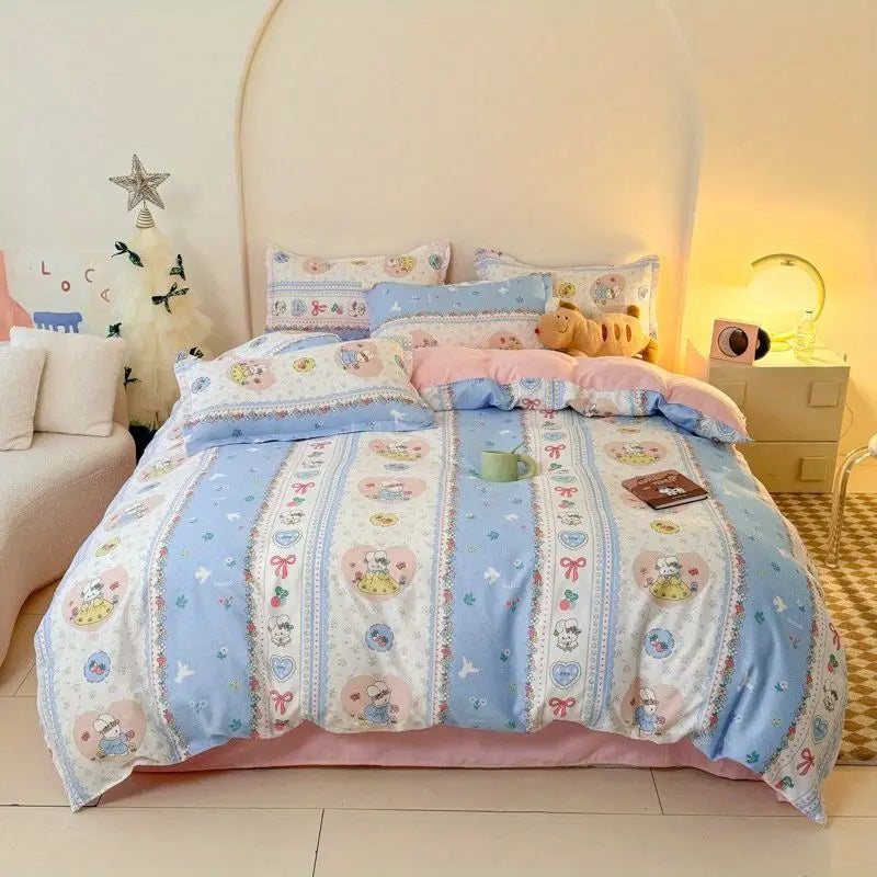 Cute Rabbit Bedding Set New No Filler Ins Floral Duvet Cover Flat Sheet Pillowcases Twin Queen Size Girls Boys Comforter Cover
