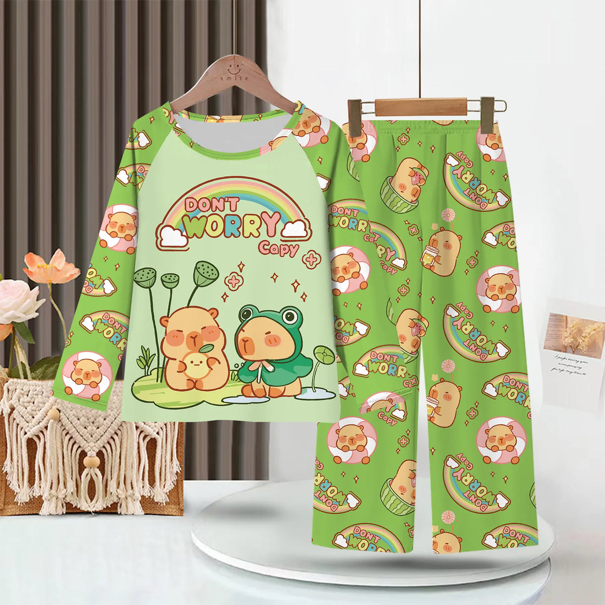 Capibara Kids Pajama Sets Long Sleeve Loungewear with Cute Animal Print Soft Sleepwear for Boys Girls Cartoon Sleepwear Outfit