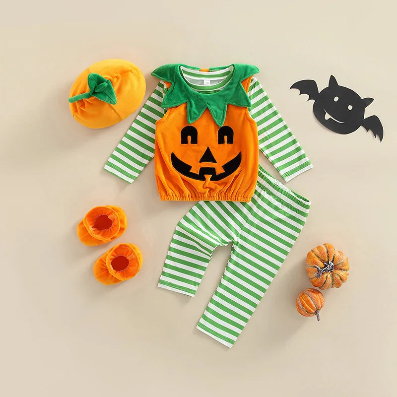 Kids Pants Suit Long Sleeve Halloween Pumpkin Print Loose Tops Fall Casual Pants Hat Sleeves