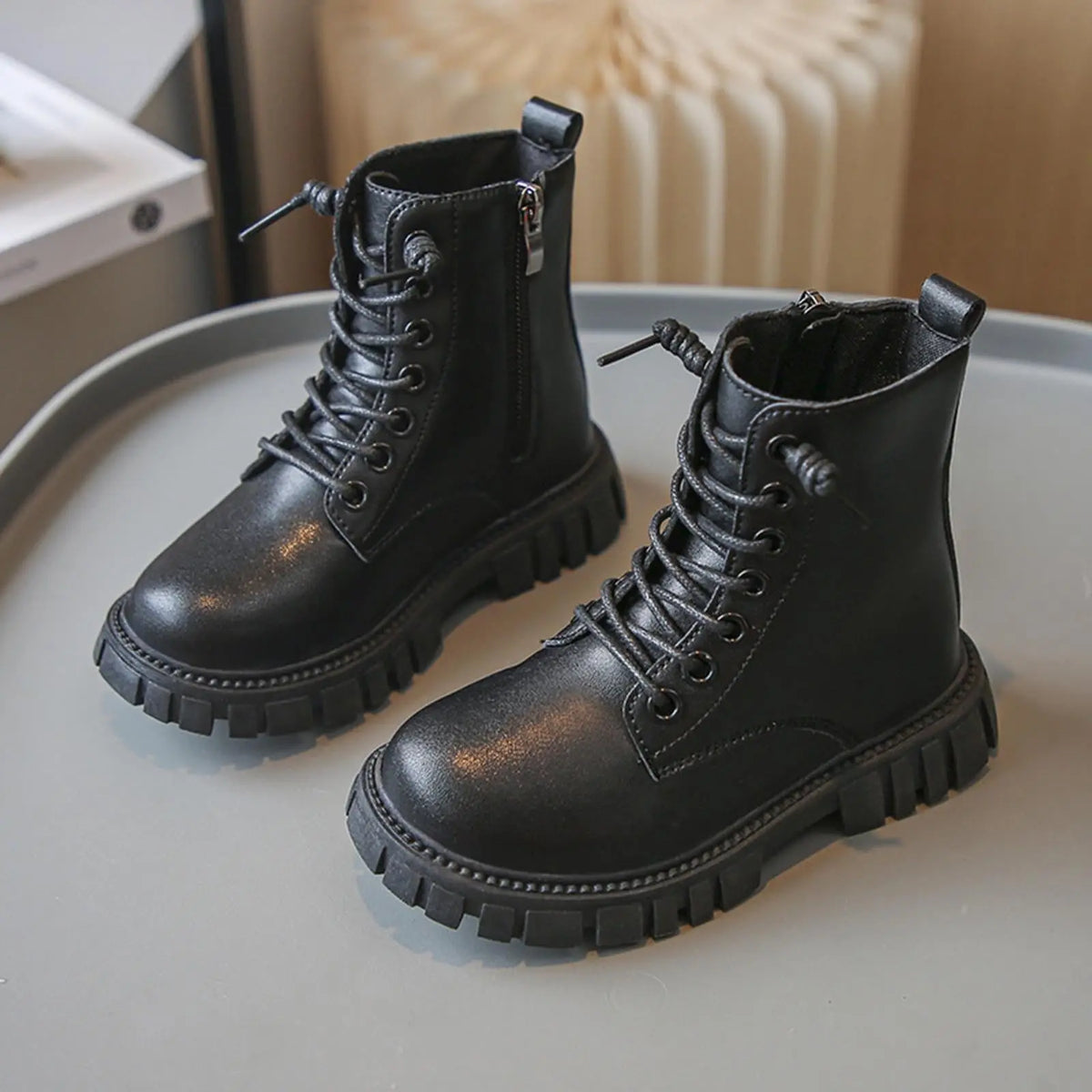 Spring Autumn Girls Fashion Ankle Boots School Kids Leather Boots Thick Bottom Non-slip Children's Causal Boots Black White