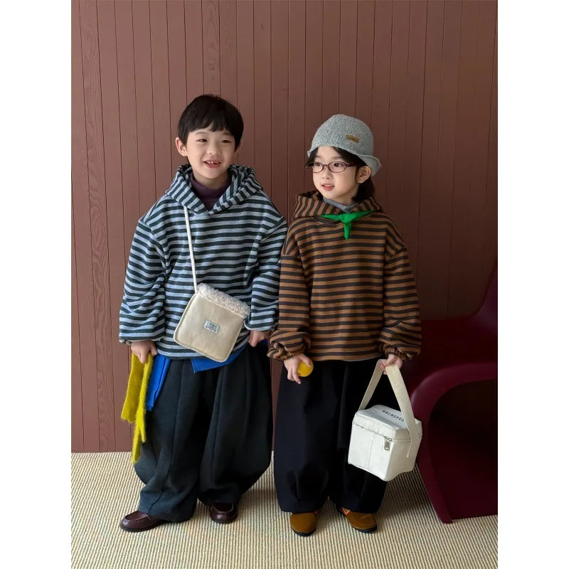 Boys Hoodie 2025 Autumn Winter Korean Style Fashion Trendy Minimalist Versatile Loose Striped Long Sleeve Hooded Top