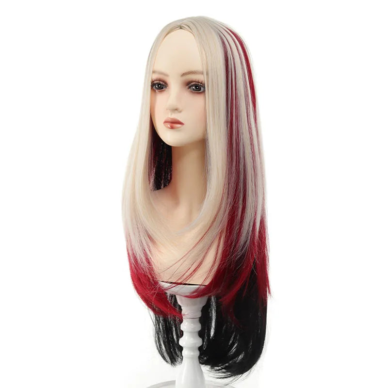 The Woman with a Wig Has a One-Cut Gradient Rainbow-Colored Bob Hairstyle, a Full Head Cover, and Short Collarbone Hair