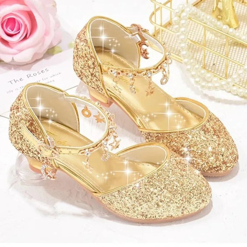 Dancing Shoes Due To Gold for Girls Glitter Shoes Heels Girls Princess Flowergirl Dresses Golden Girl Child Shoe for Wed