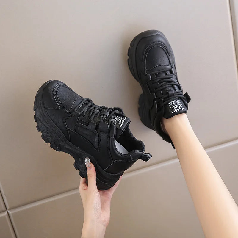 Women's Sneakers White Platform Shoes 2025 Lace-Up Thick Bottom Vulcanize Shoes Solid Color Casual Shoe Pu Leather Women Shoes