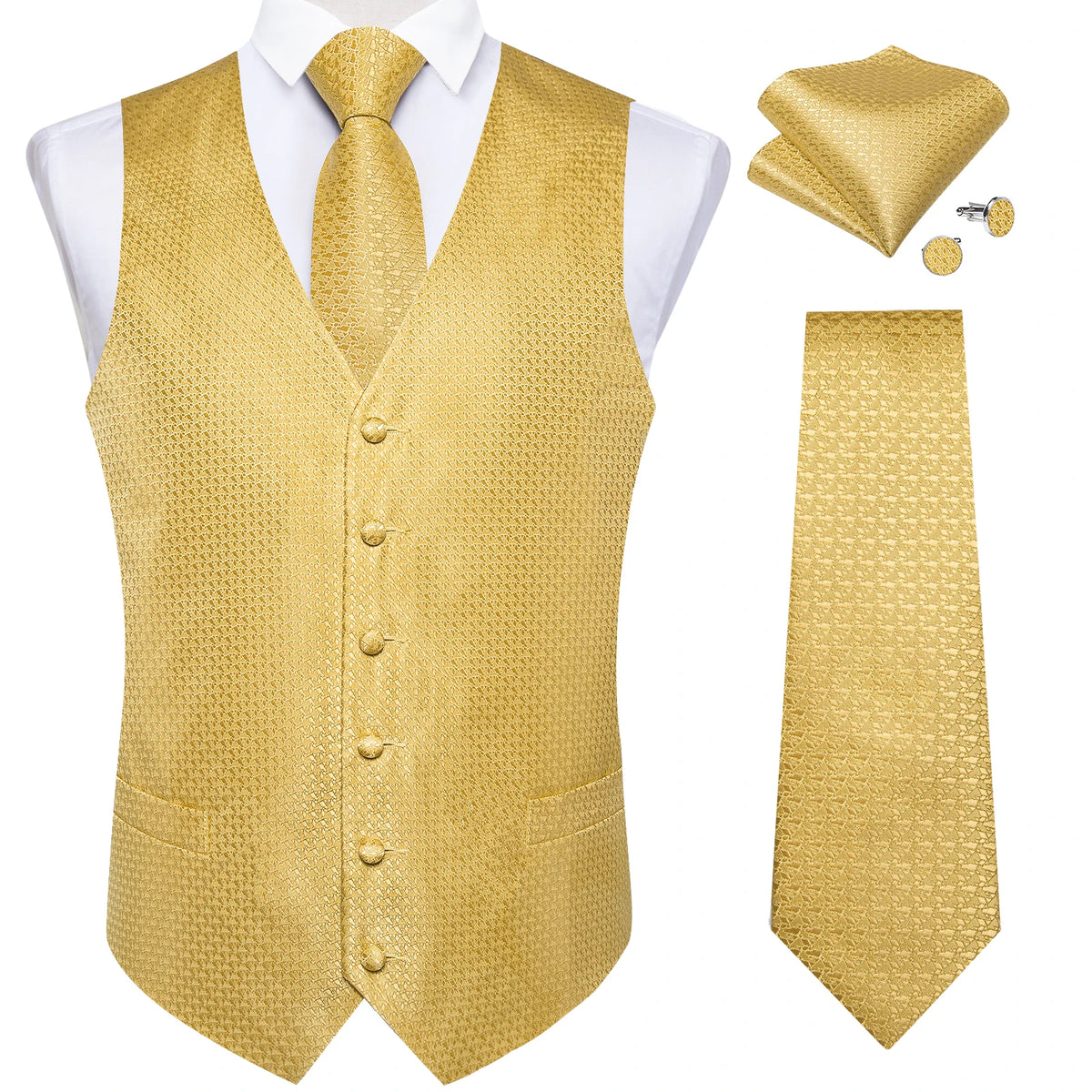 Luxury Paisley Gold Vest for Man Formal Yellow Solid Men's Waistcoat Necktie Pocket Square Wedding Business Chaleco Hombre