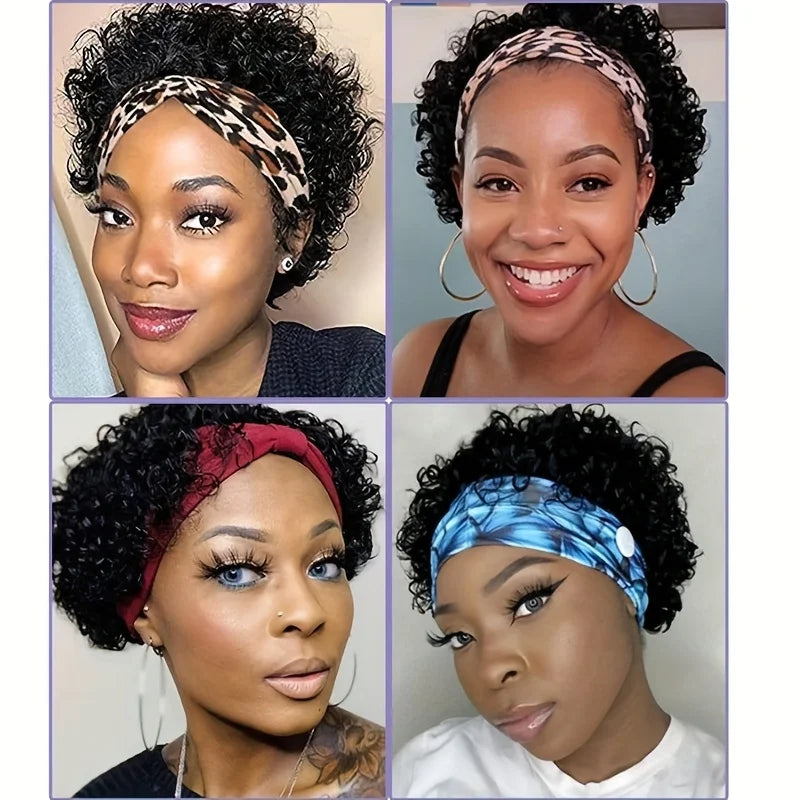 Headband Wig Human Hair for Woman Pixie Cut Wig Short Curly Hair Headband Wig Machine Made 150% Density Black Beginner Friendly