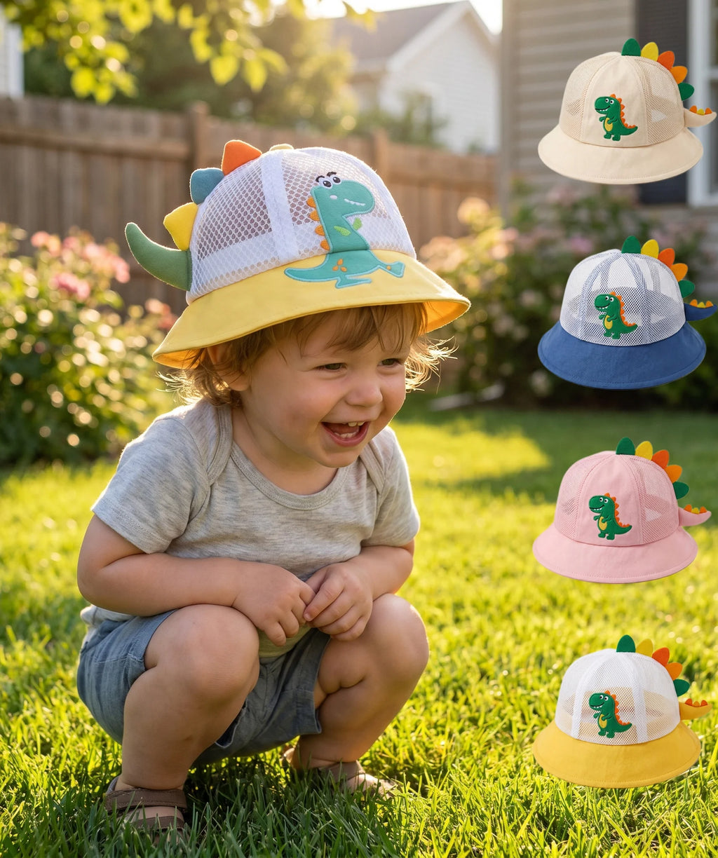 Kids Mesh Hat Boys Sun Protection Cap 3D Dinosaur Girls Breathable Bucket Hat for 1-4Y Children Summer Outdoor Play