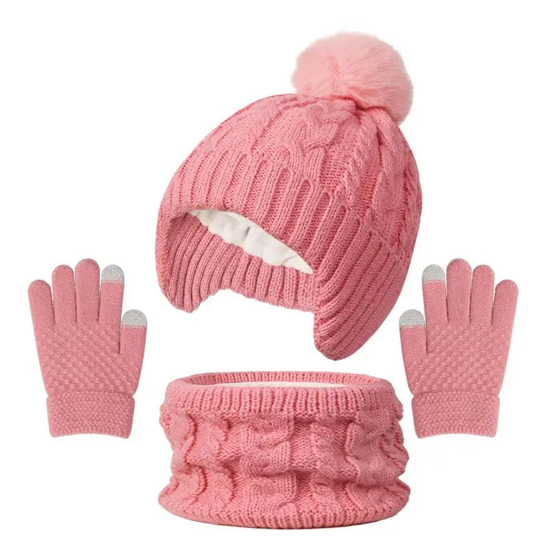 3Pcs/set Children Hat Scarf Gloves Winter Plush Velvet Knitted Hats for Girls Boys Cute Pompom Beanie Kids Warmer Accessories