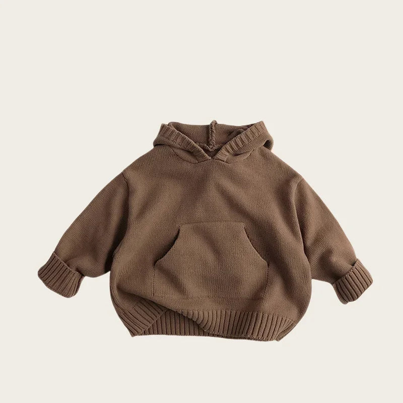 Spring Kids Hooded Knitted Sweater 1-6Y Girls Boys Cotton Solid Color Vintage Tops 2026 Children Pocket Pullover Outside Wear