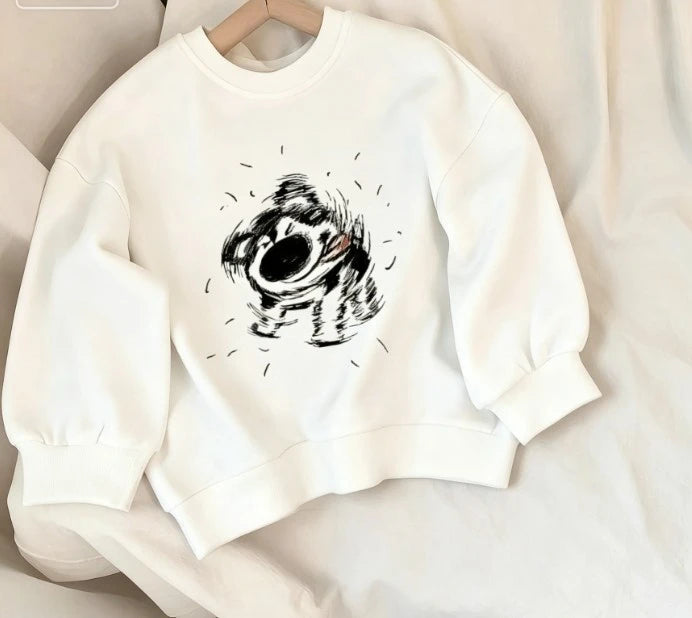 Kids Minimalist Cartoon Print Crew Neck Sweatshirt Soft Cotton Tops For Boys And Girls All Season Wear Baby Infant 9M-6T Clothes
