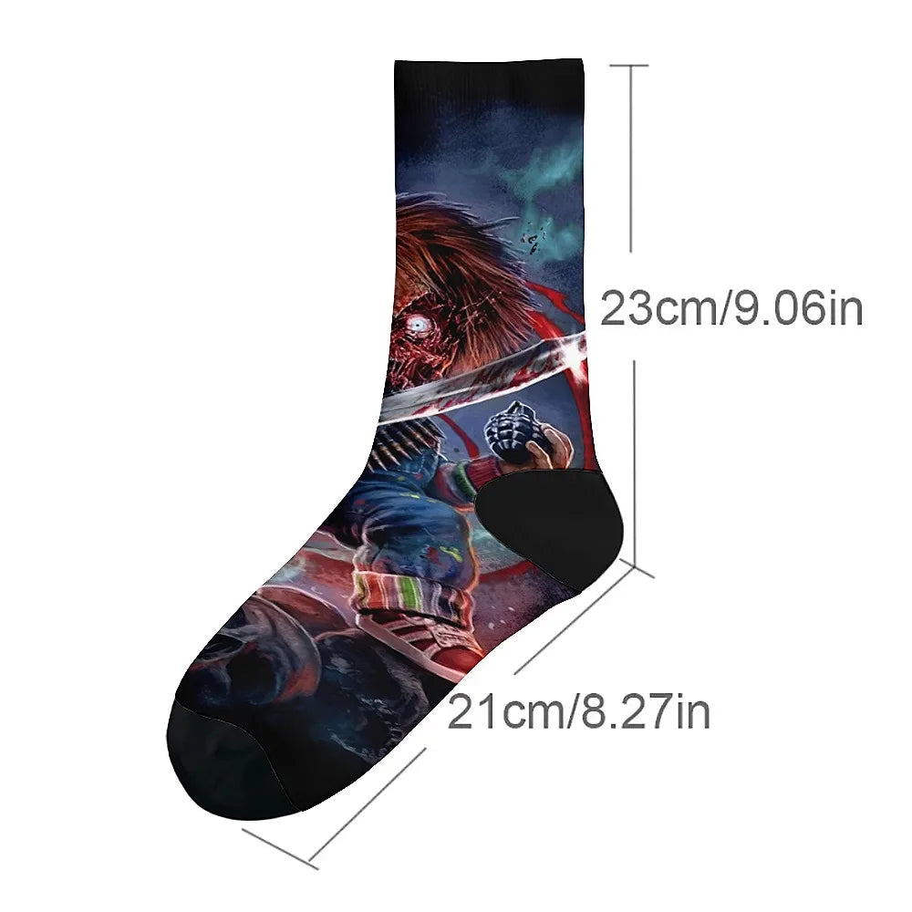 Horror movie themed men's fashion socks, fun crew socks, comfortable breathable socks, retro casual sports, the ideal gift.