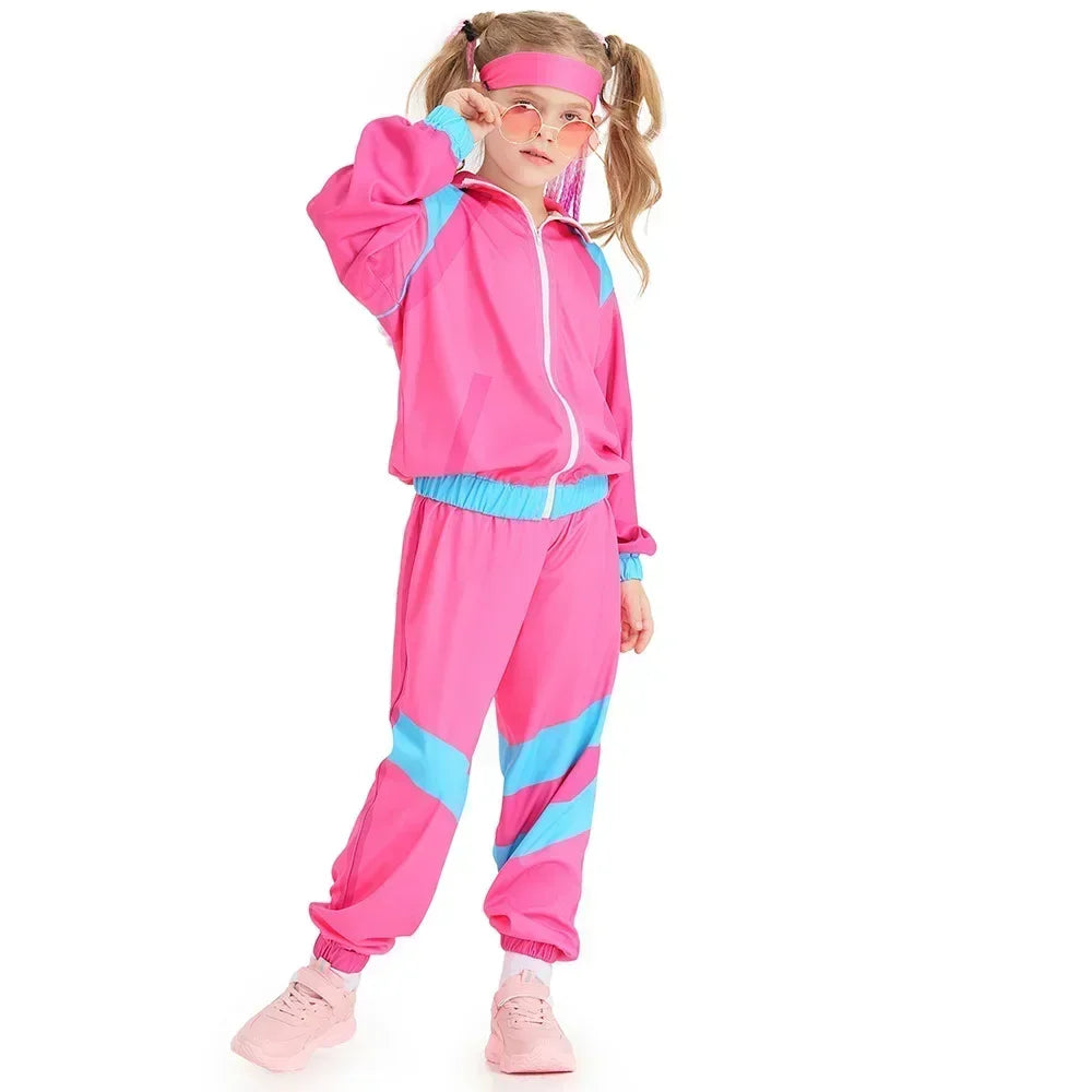 Kids Boys and Girls 80s 90s Sportswear Suit Retro Disco Hip Hop Costume Fashion Patchwork Long Sleeve Zipper Coat Trousers Suit