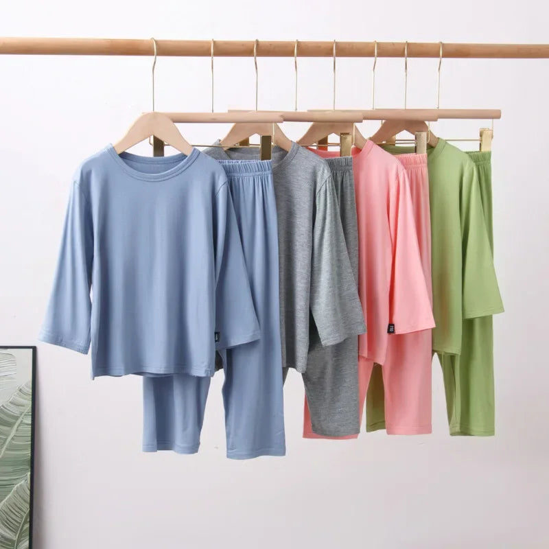 Pajamas Set for Kids Spring Summer Thin Long Sleeve Casual O-neck Children Sleepwear Two Pieces Modal Cotton Boys Girls Homewear