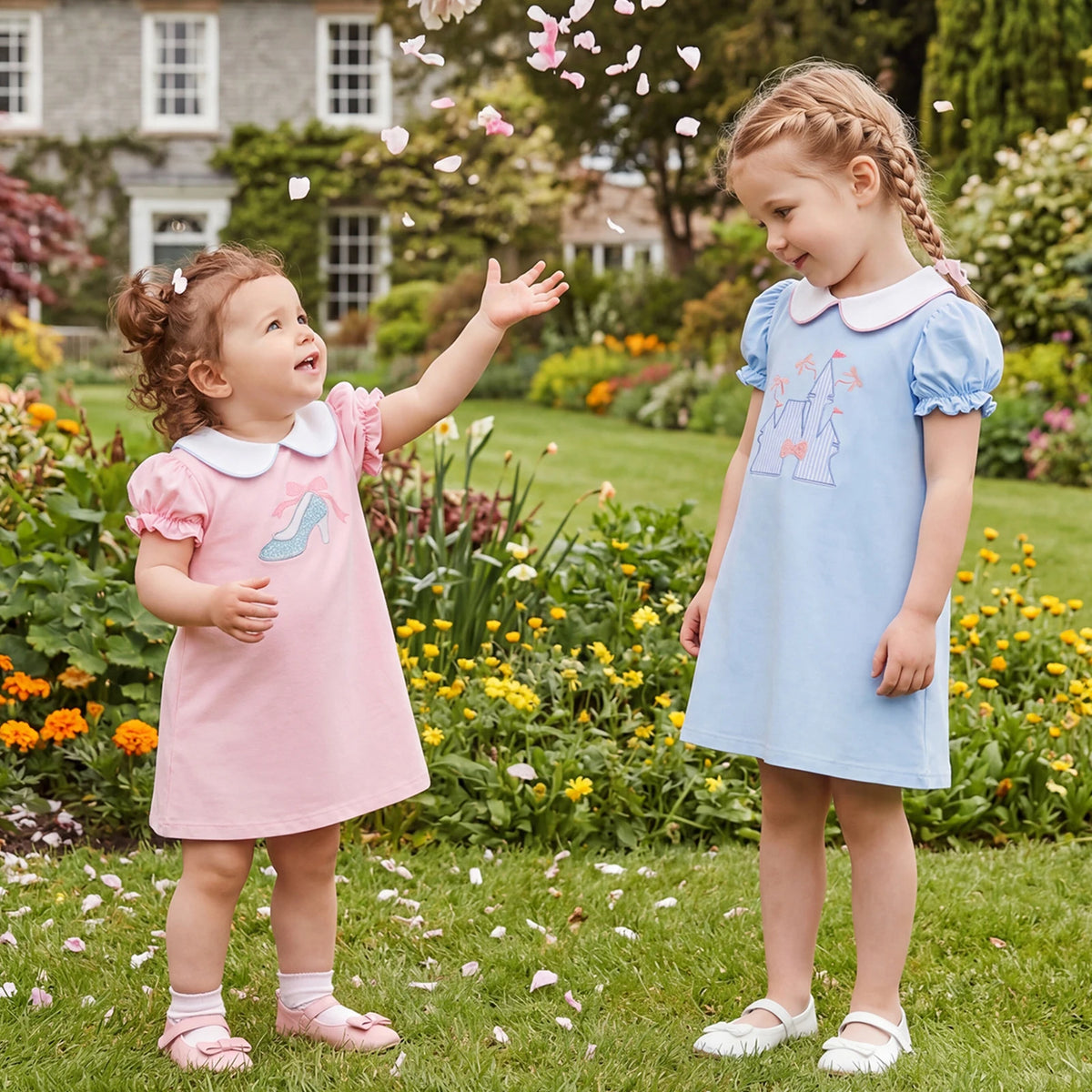 Cute Kids Gir Casual Dress Short Sleeve Doll Collar Embroidery Bowknot Summer Dress Costume Clothes