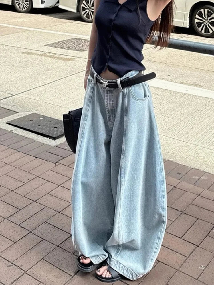 American Retro Knife  Denim Jeans Women High Waist Loose Fit Four Seasons Casual Style Summer New Streetwear Lantern Pants