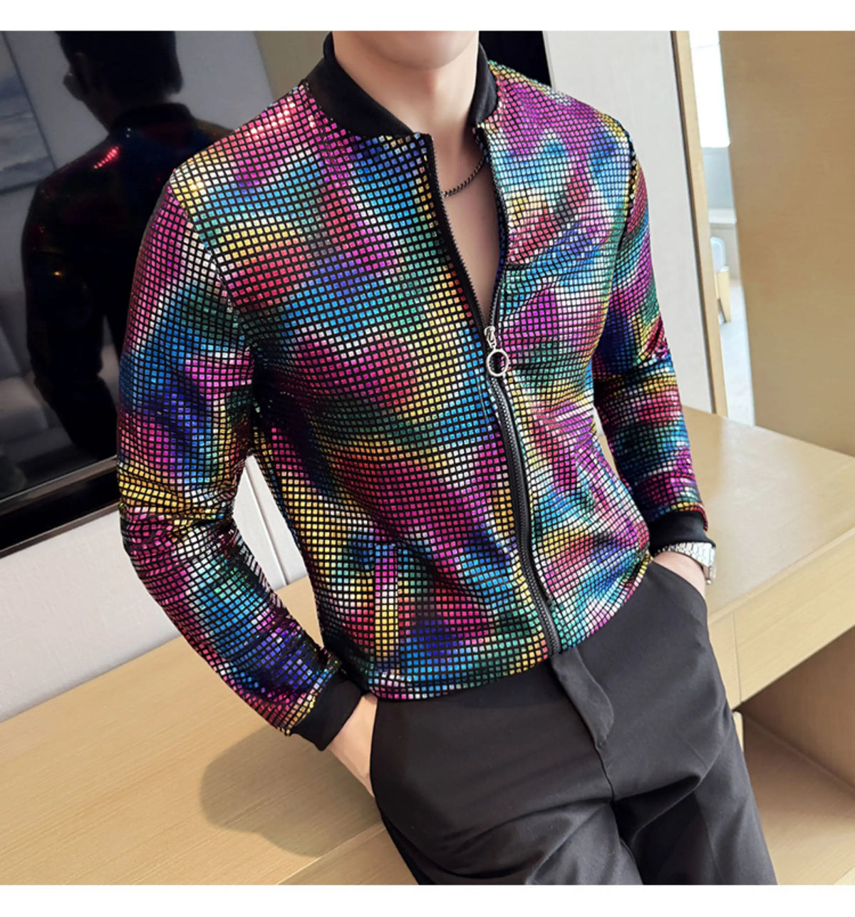 Jas Men's New Diamond Plaid Jackets Men Hip Hop Y2K Bombers Jacket Night Club Stage Streetwear Thin Coat Clothing Veste Homme