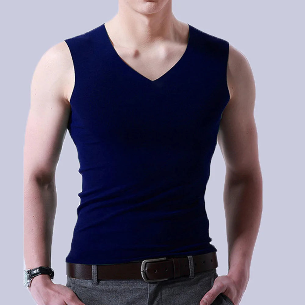 Men's Vests Summer Ice Silk V Neck Sleeveless Solid Color Slim Seamless Fitness Tank Tops QXMY-02024002