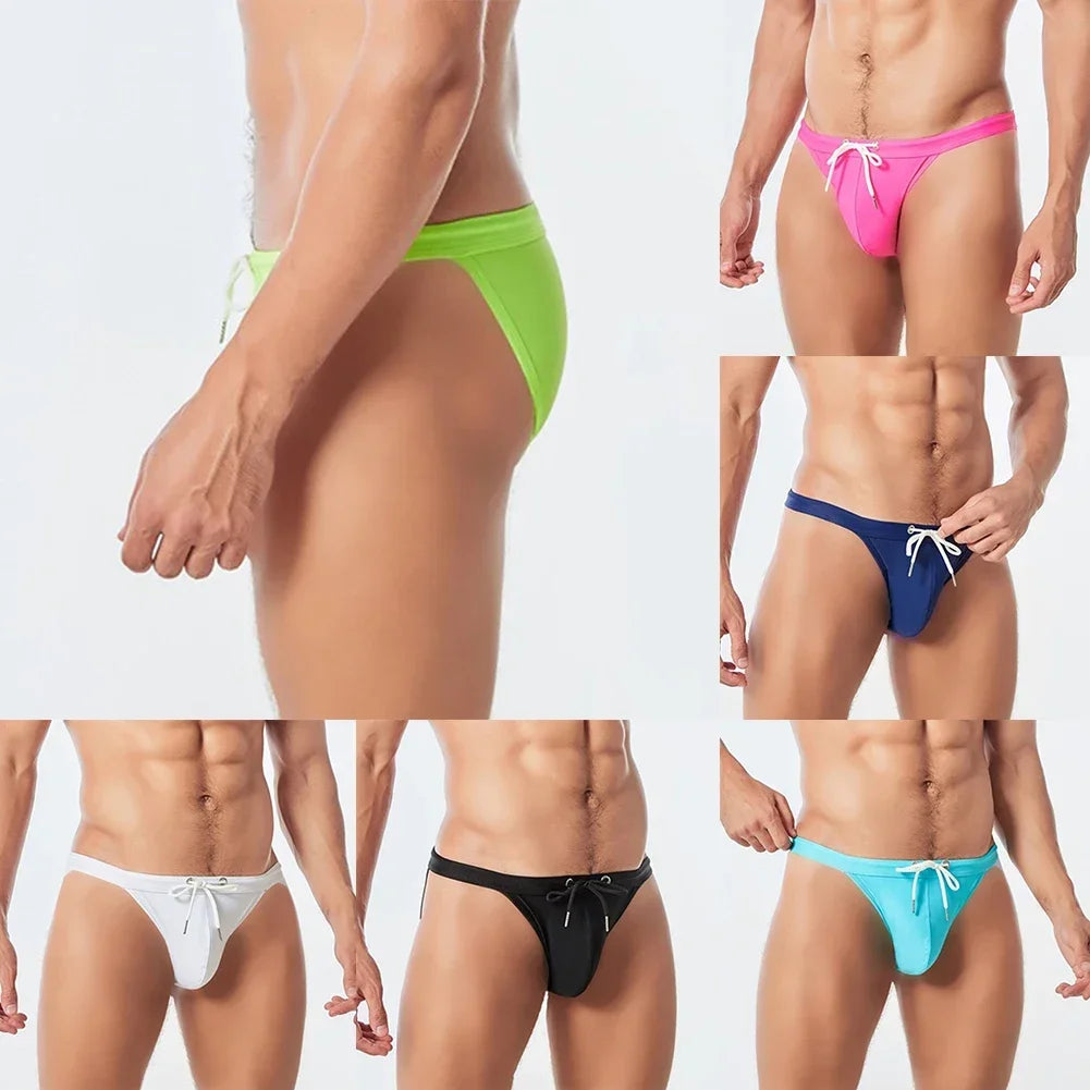 Men Summer Swimwear Swim Briefs Low Waist Bikini Beachwear Surf Board Shorts Solid Color Seamless Stretch Breathable Underpants