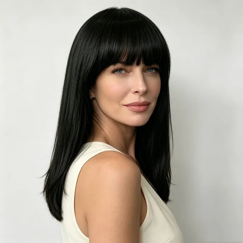 1pcs Women'S Wig With Bangs Medium Length Straight Hair Fashionable Outdoor Travel Simulation Head-Wearing Synthetic Wig
