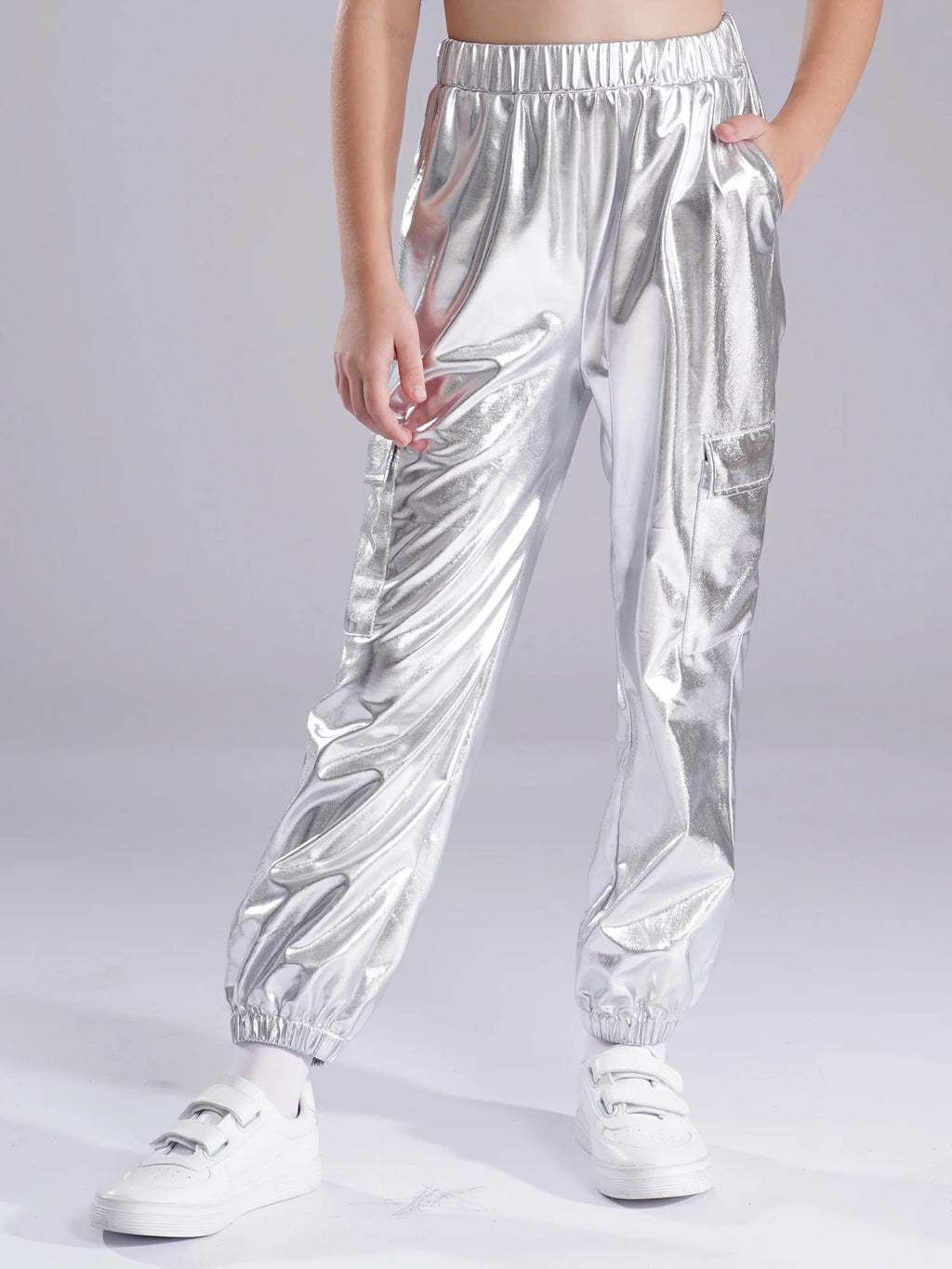 Kids Boys Girls Metallic Shiny Cargo Pants Fashion Children Holographic Trousers Teens Hip-Hop Pants Street Jazz Dance Costume