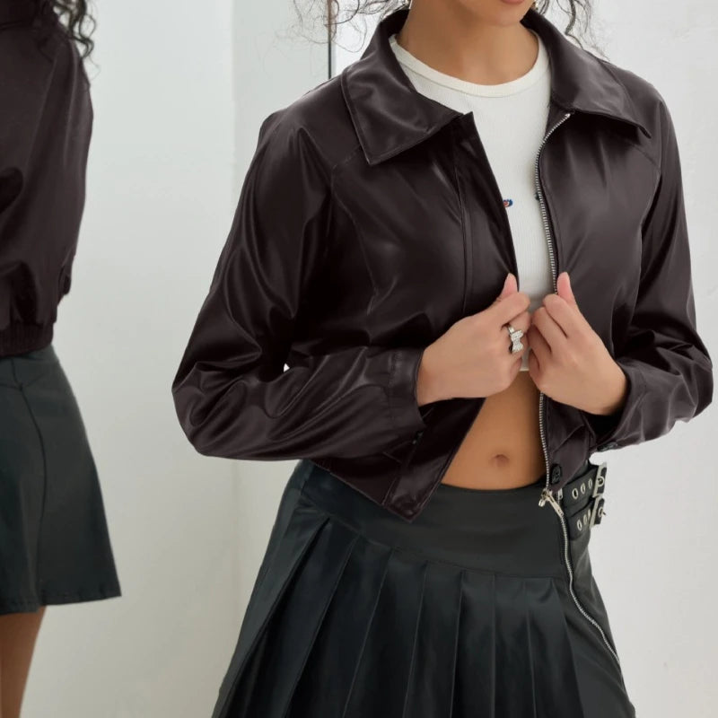 Women's Clothing 2025 New Short Leather Jacket Retro Zipper PU Casual Motorcycle Jacket.
