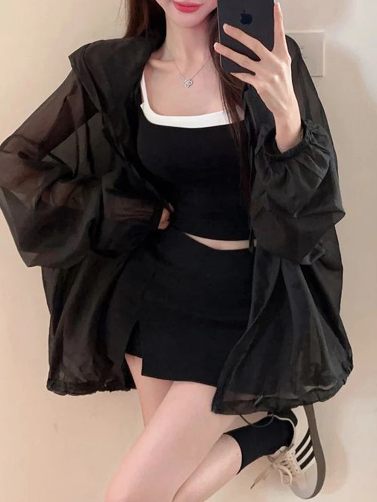 Aoaiiys Thin Coat Women Fashion Casual Sun Protection Jacket Tops See Through Hooded Coats Summer 2026 New Loose Female Tops