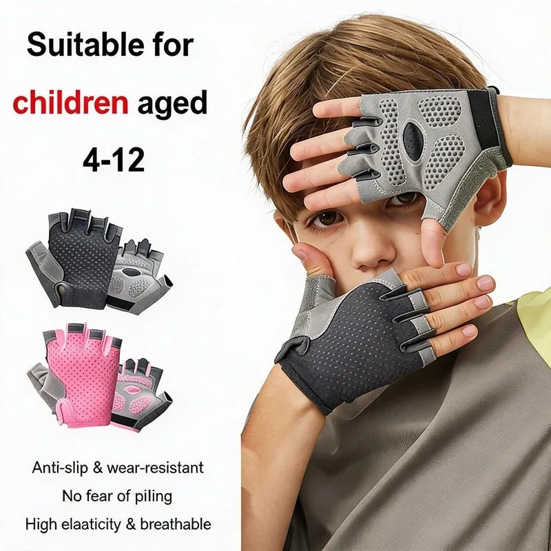 Kids Cycling Skateboard Gloves Anti-Slip Summer Spring Sports Breathable Half-Finger Gloves Shock-Absorbing Children Aged