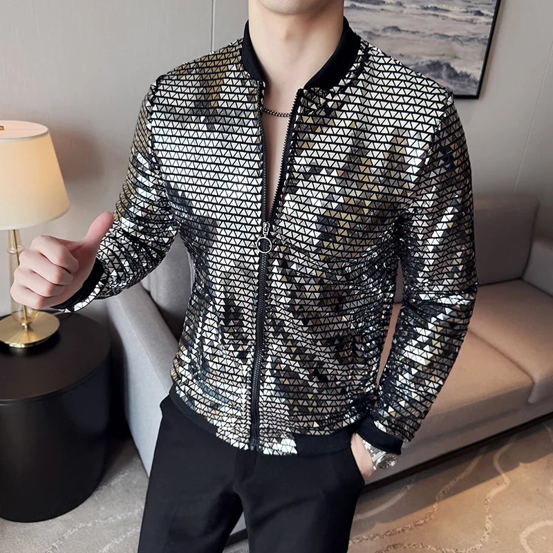 Y2K Mens Jacke Designer Clothes Fashion Cool Sequined Jackets Men Streetwear Night Club Stage Thin Bomber Jacket Techwear Homme