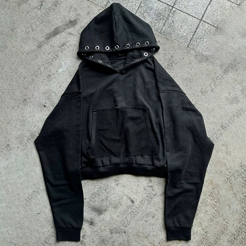 Pore decoration Hip Hop Y2K Hooded sweatshirt Solid color Punk Pullover Rock Goth Oversized Zipper Hoodie sweatshirt Streetwear