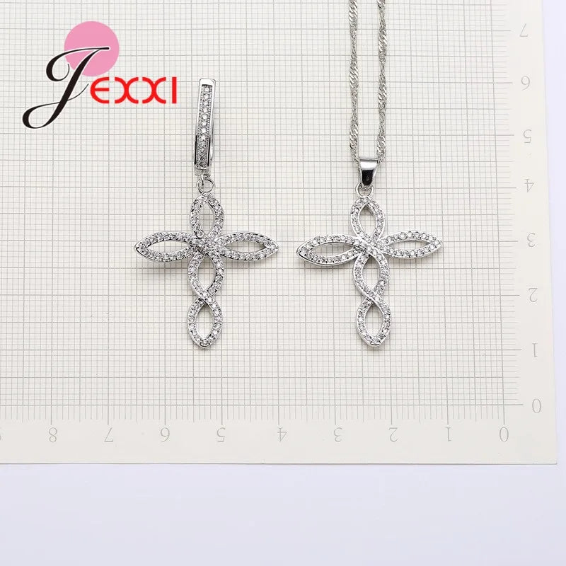 Women Wedding Jewelry Sets Charm Crystal Crooked Cross Pendant Necklaces Earrings Sets Shininy 925 Sterling Silver  Bijoux