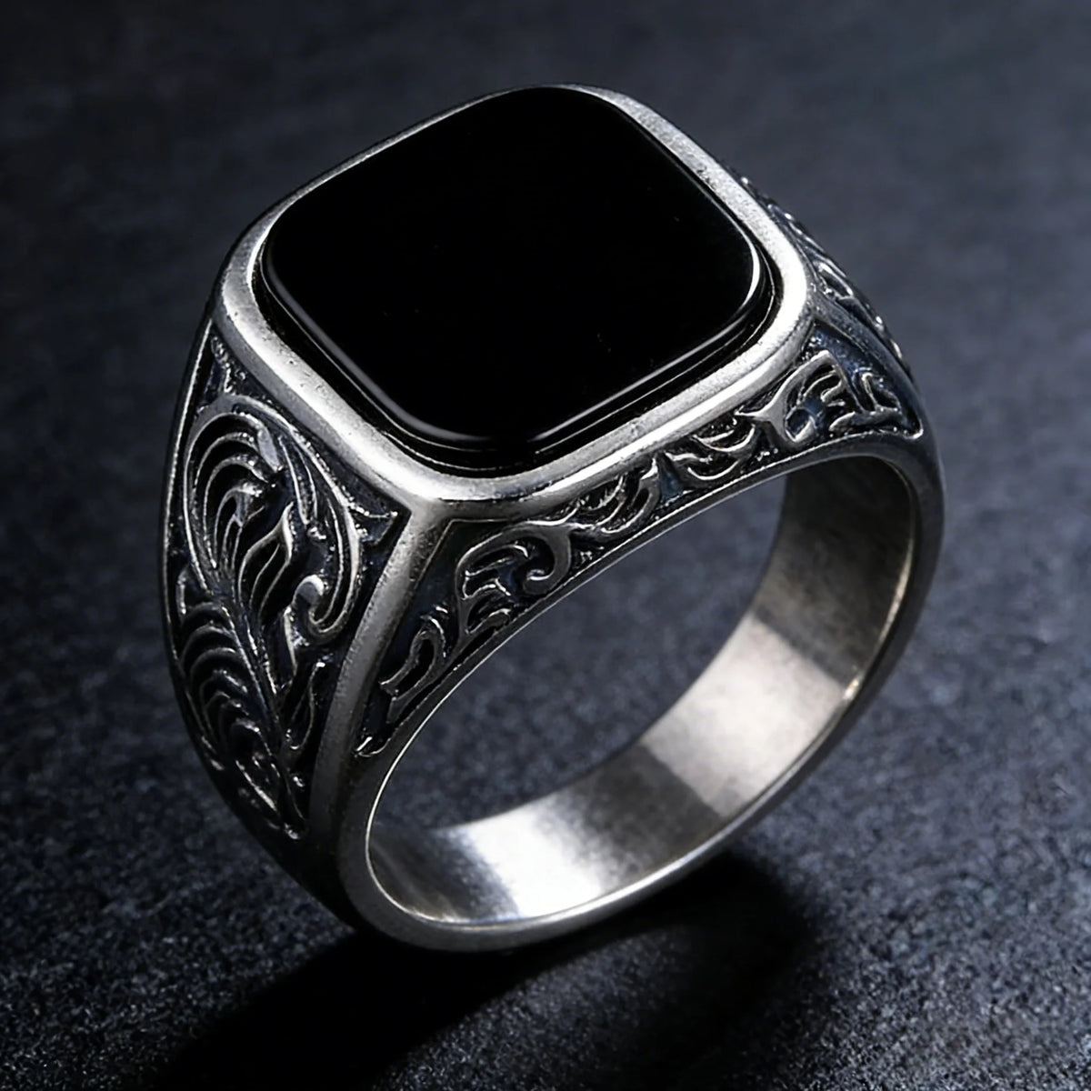 Men‘s Black Onyx Ring, 12x14mm Square Gem Carved Vintage Sterling Silver Band, Bold Gothic Statement Jewelry Gift for Him
