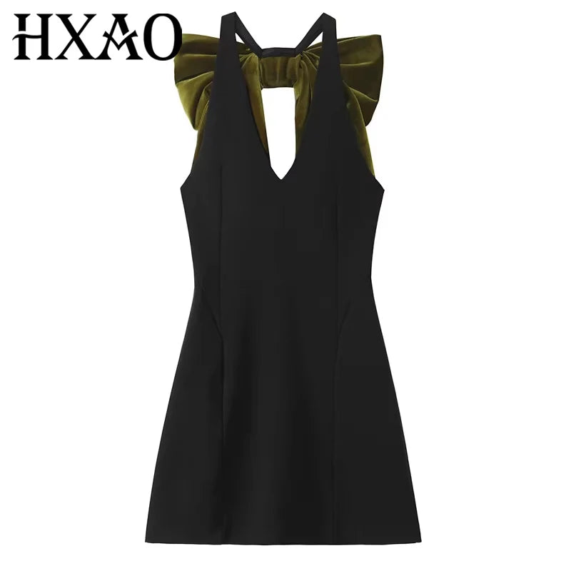 HXAO Dresses Sleeveless Black Mini Dress Women Summer Butterfly Knot Velvet Dress Backless Sexy Short Dresses Woman Party Dress
